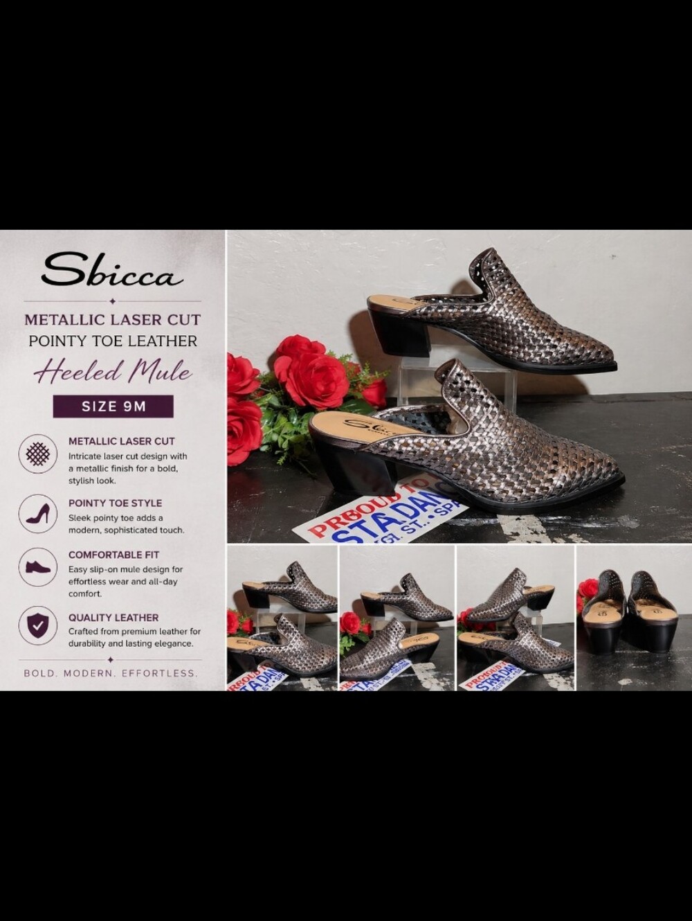 SBICCA 9M Metallic Laser Cut Pointy Toe Leather Heeled Mule